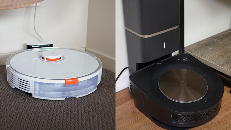 the roomba s9+ (right) comes with a self-cleaning station